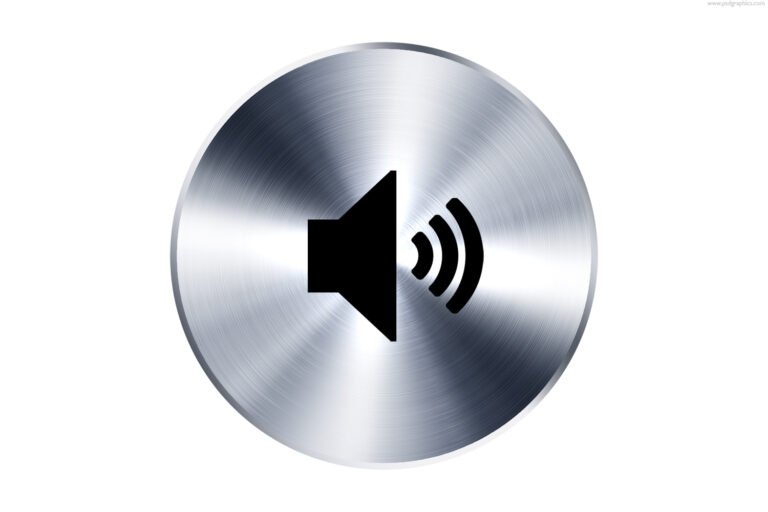 Round silver metal button with a black sound speaker outline symbiol, PSD icon